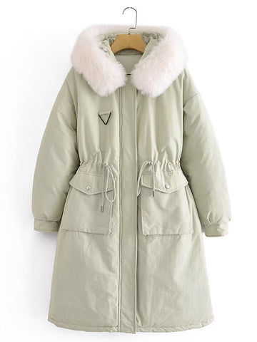 Airchics mi-longue manteau fermeture éclair avec poches coulisse taille col en fourrure à capuche femme mode